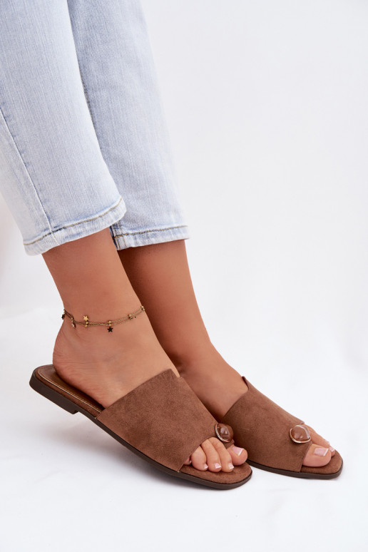 Šlepetės Moteriškas butas Su puošniais Detalem iš eko zomšosoĮe rudos spalvos Selavine