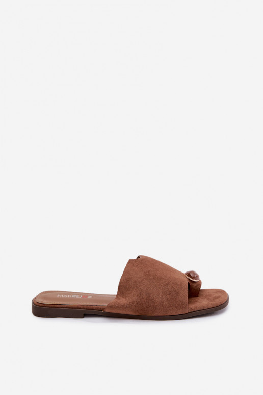 Šlepetės Moteriškas butas Su puošniais Detalem iš eko zomšosoĮe rudos spalvos Selavine