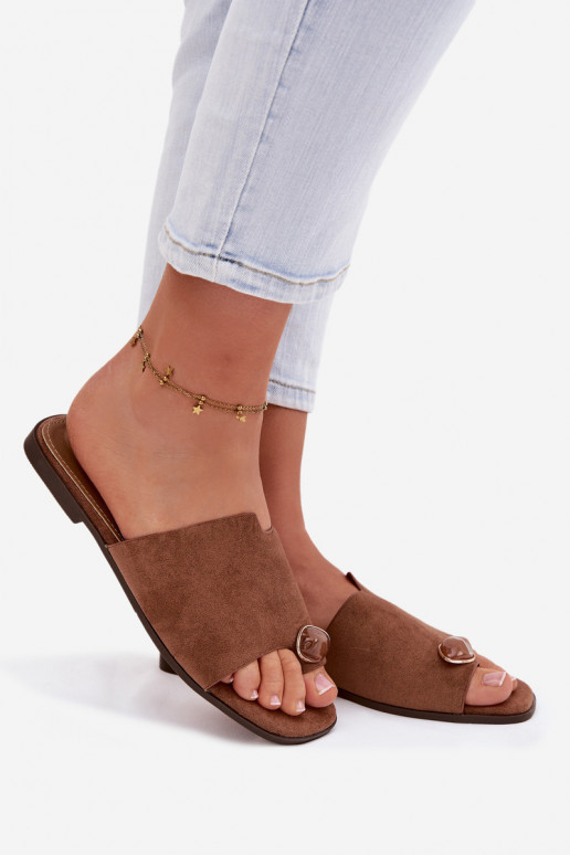 Šlepetės Moteriškas butas Su puošniais Detalem iš eko zomšosoĮe rudos spalvos Selavine