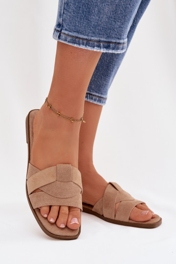 Šlepetės Moteriškas butas su juostelėmis iš eko zomšosoĮe smėlio spalvos Florane