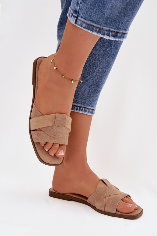 Šlepetės Moteriškas butas su juostelėmis iš eko zomšosoĮe smėlio spalvos Florane