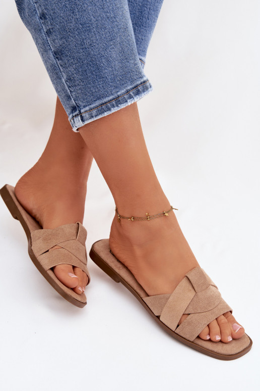 Šlepetės Moteriškas butas su juostelėmis iš eko zomšosoĮe smėlio spalvos Florane