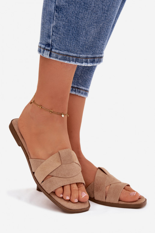 Šlepetės Moteriškas butas su juostelėmis iš eko zomšosoĮe smėlio spalvos Florane