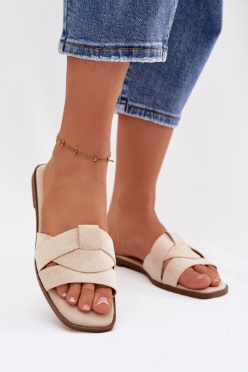 Šlepetės Moteriškas butas su juostelėmis iš eko zomšosoĮe dramblio kaulo spalvos Florane