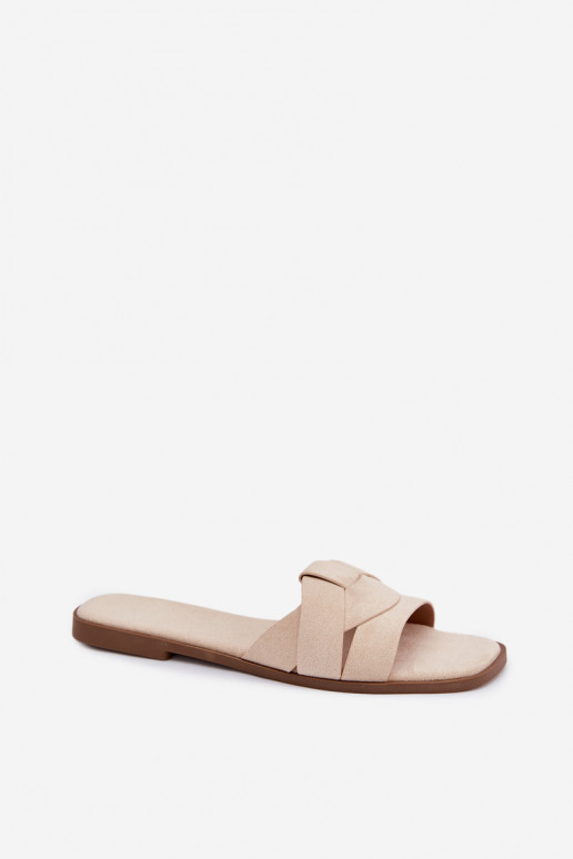 Šlepetės Moteriškas butas su juostelėmis iš eko zomšosoĮe dramblio kaulo spalvos Florane