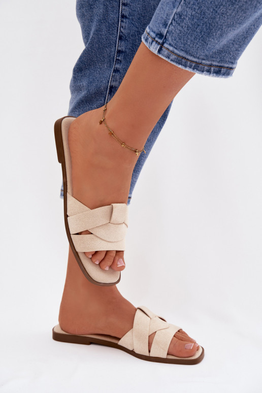 Šlepetės Moteriškas butas su juostelėmis iš eko zomšosoĮe dramblio kaulo spalvos Florane