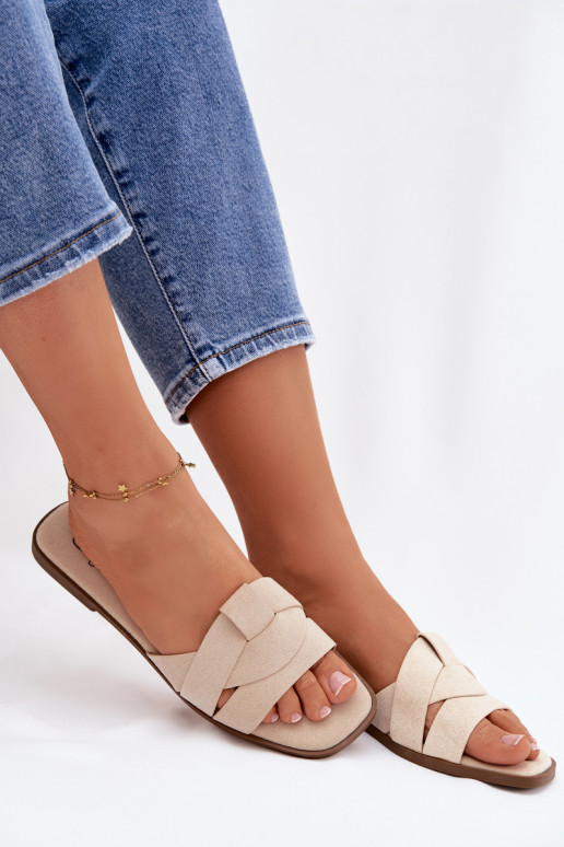 Šlepetės Moteriškas butas su juostelėmis iš eko zomšosoĮe dramblio kaulo spalvos Florane