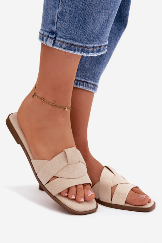 Šlepetės Moteriškas butas su juostelėmis iš eko zomšosoĮe dramblio kaulo spalvos Florane