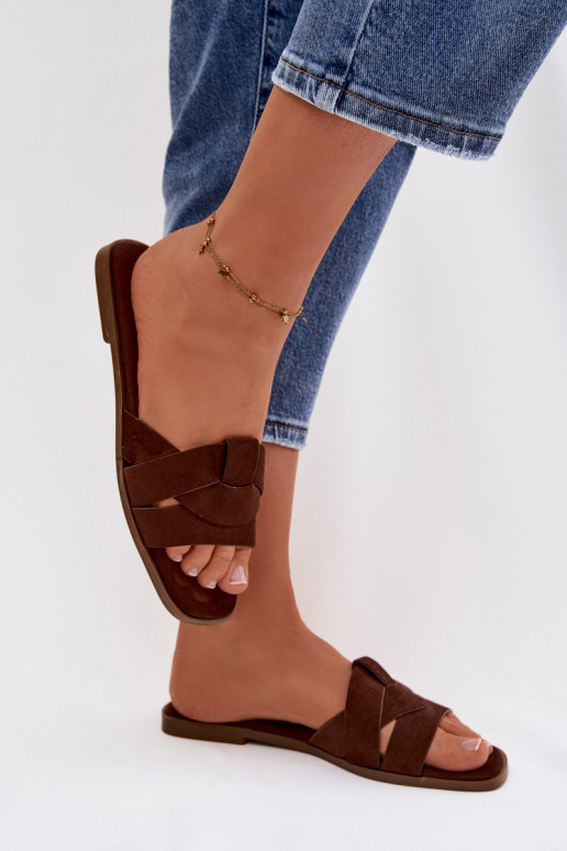 Šlepetės Moteriškas butas su juostelėmis iš eko zomšosoĮe CzekoladoĮe Florane