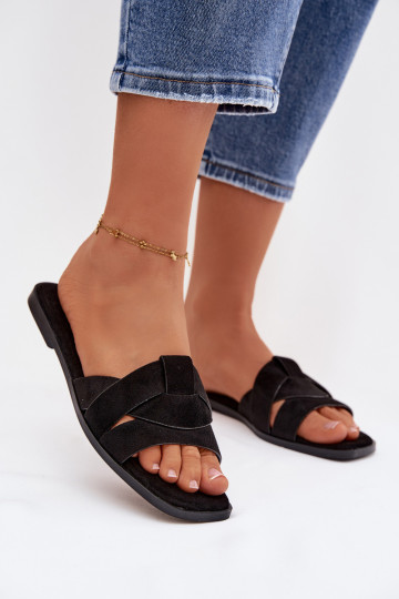 Šlepetės Moteriškas butas su juostelėmis iš eko zomšosoĮe juodos spalvos Florane