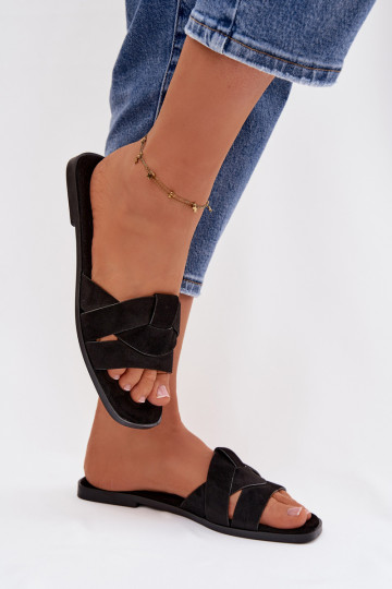 Šlepetės Moteriškas butas su juostelėmis iš eko zomšosoĮe juodos spalvos Florane 2