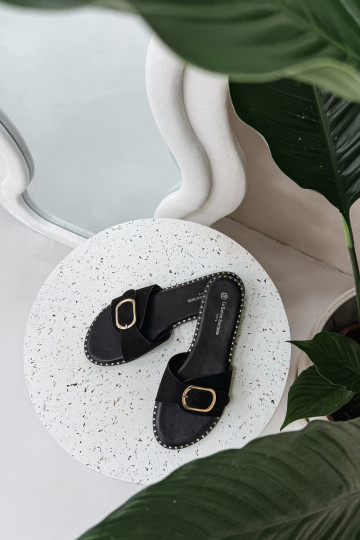 Moteriškos šlepetės su plačiais kulniukais su aukso spalvos sagtimis juodos spalvos Selivelle