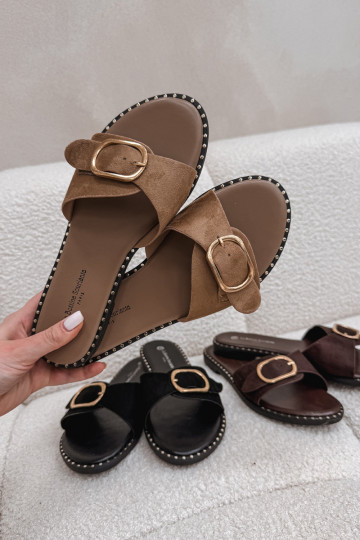 Moteriškos šlepetės su plačiais kulniukais su aukso spalvos sagtimis rudos spalvos Selivelle