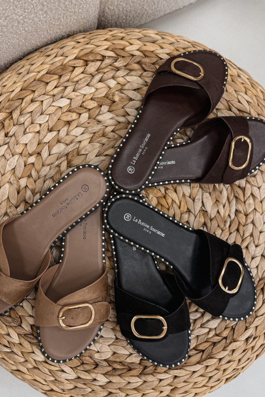 Moteriškos šlepetės su plačiais kulniukais su aukso spalvos sagtimis CzekoladoĮe Selivelle