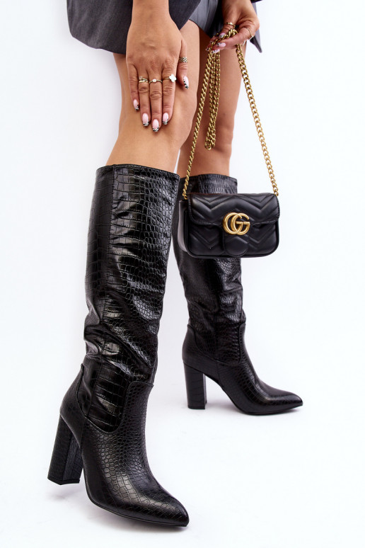 moteriški ilgaauliai batai su kulniukais pašiltinti gyvatės raštais juodos spalvos Delul