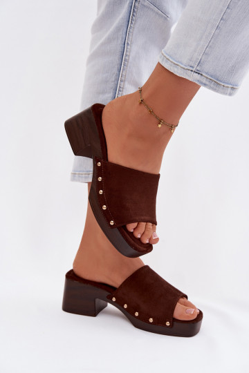 Moteriškos šlepetės klokelės su aukso spalvos smeigėmis šokoladinės spalvos Davessa