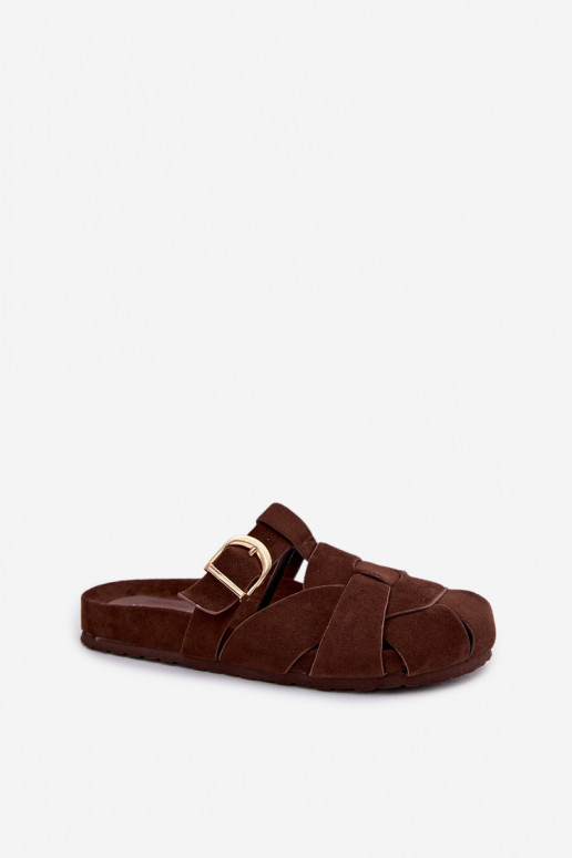 Moteriškos šlepetės Mule su juostelėmis I Złotą su sagtimis CzekoladoĮe Ganelle