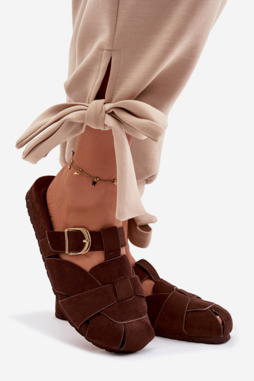 Moteriškos šlepetės Mule su juostelėmis I Złotą su sagtimis CzekoladoĮe Ganelle