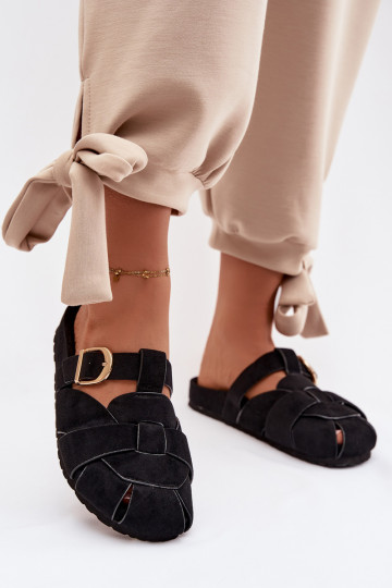 Moteriškos šlepetės Mule su juostelėmis I Złotą su sagtimis juodos spalvos Ganelle 2