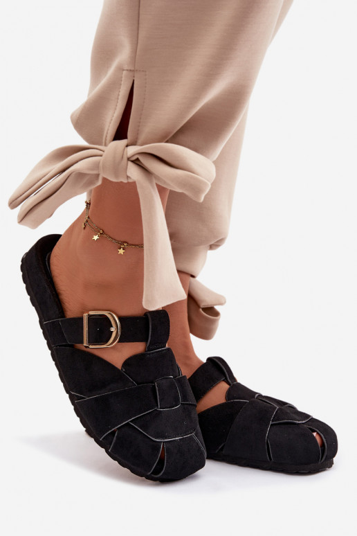 Moteriškos šlepetės Mule su juostelėmis I Złotą su sagtimis juodos spalvos Ganelle