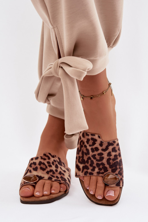 Šlepetės Moteriškas butas Su puošniais Detalem iš eko zomšosoĮe su leopardo kailio raštais Selavine