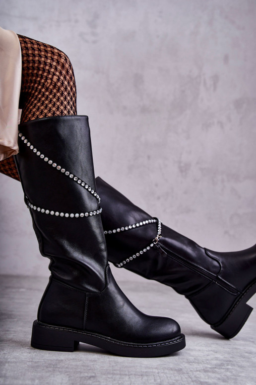 Moteriškas ilgaauliai batai su gražiomis detalėmis juodos spalvos Finlay