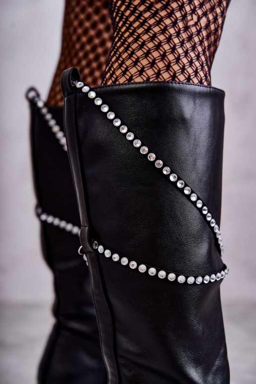 Moteriškas ilgaauliai batai su gražiomis detalėmis juodos spalvos Finlay