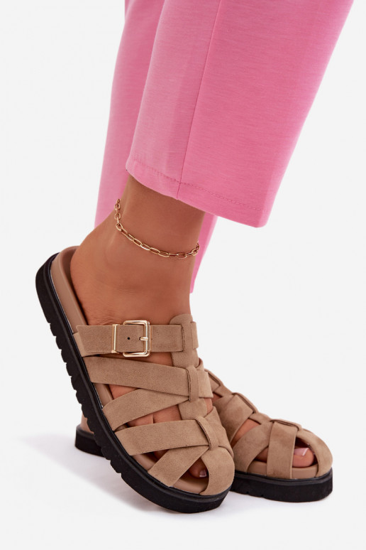 Moteriškos šlepetės su juostelėmis ir auksinėmis sagtimis smėlio spalvos Roselisse