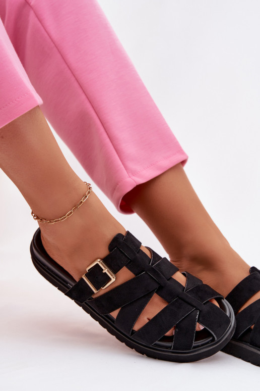 Moteriškos šlepetės su juostelėmis ir auksinėmis sagtimis juodos spalvos Roselisse