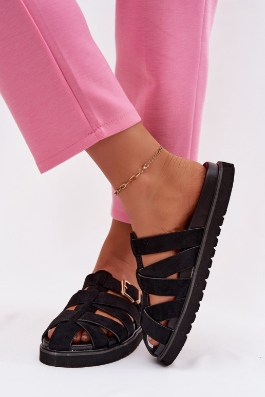 Moteriškos šlepetės su juostelėmis ir auksinėmis sagtimis juodos spalvos Roselisse