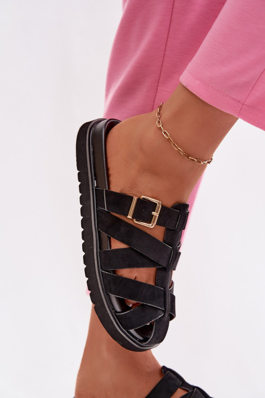 Moteriškos šlepetės su juostelėmis ir auksinėmis sagtimis juodos spalvos Roselisse