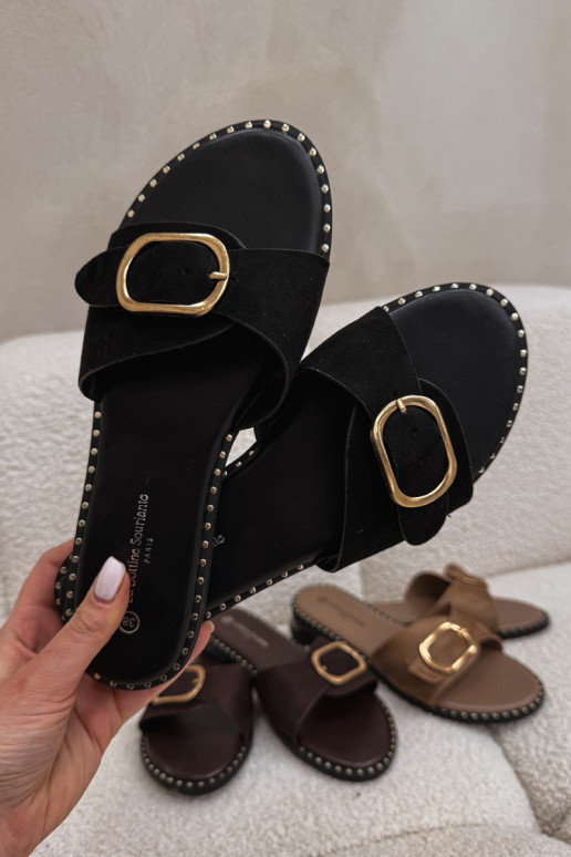 Moteriškos šlepetės su plačiais kulniukais ir aukso spalvos sagtimis juodos spalvos Selivelle