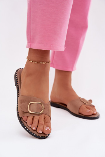 Moteriškos šlepetės su plačiais kulniukais ir aukso spalvos sagtimis rudos spalvos Selivelle