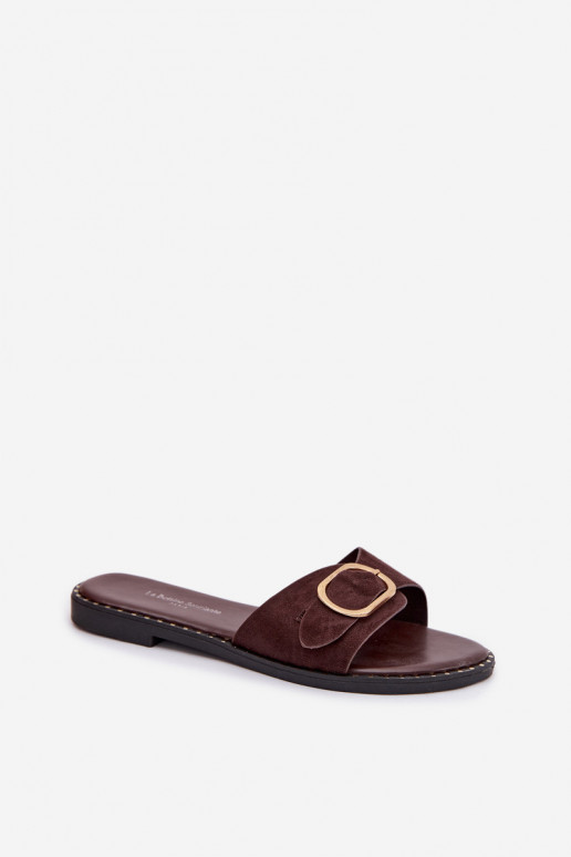 Moteriškos šlepetės su plačiais kulniukais ir aukso spalvos sagtimis šokoladinės spalvos Selivelle