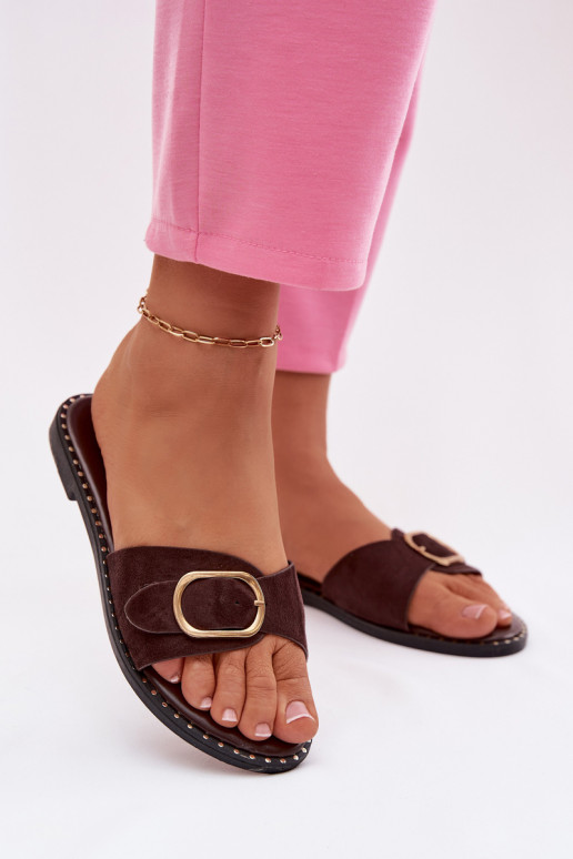 Moteriškos šlepetės su plačiais kulniukais ir aukso spalvos sagtimis šokoladinės spalvos Selivelle