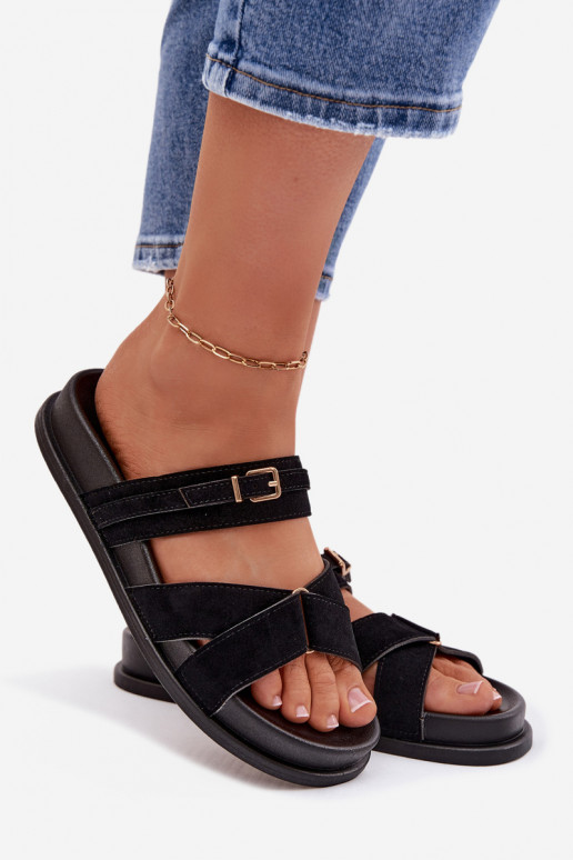 Moteriškos šlepetės su juostelėmis I Złotą su sagtimis juodos spalvos Selorina