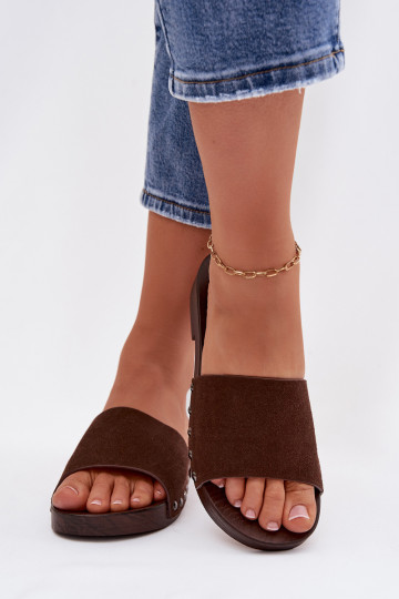 Moteriškos šlepetės su kniedėmis su plačiais kulniukais CzekoladoĮe Amelvessa 2