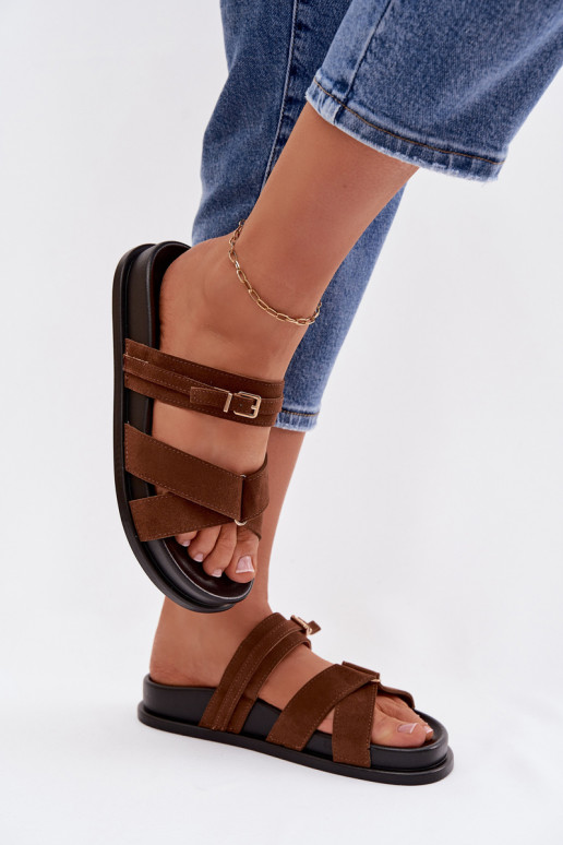 Moteriškos šlepetės su juostelėmis I Złotą su sagtimis rudos spalvos Selorina