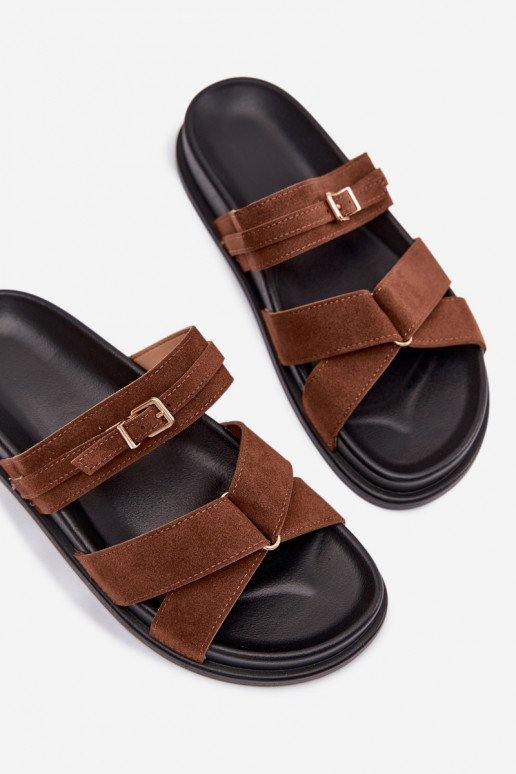 Moteriškos šlepetės su juostelėmis I Złotą su sagtimis rudos spalvos Selorina