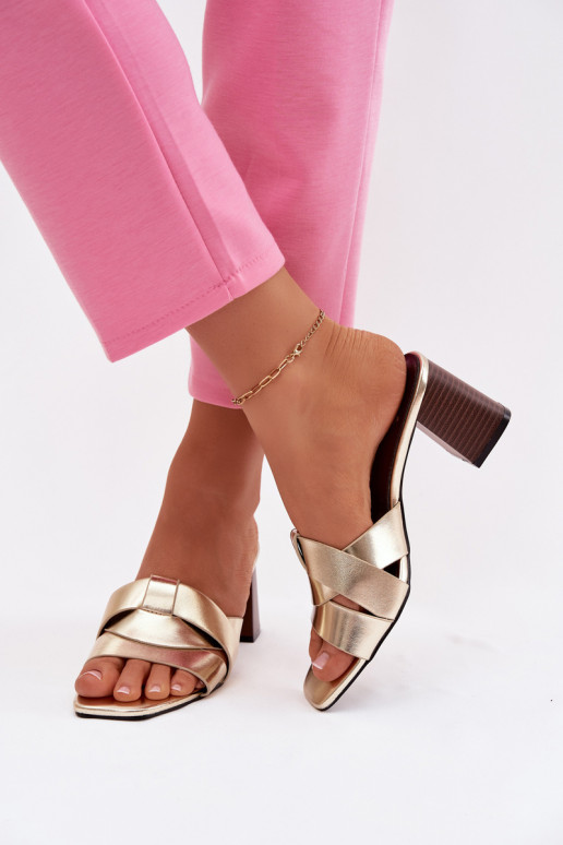 Moteriškos šlepetės su kulniukais su juostelėmis Eko Oda aukso spalvos Corivelle