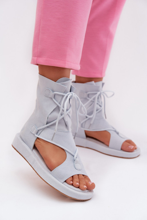 Moteriškos basutės iš eko zomšosoĮe su auliuku I INiązaniem šviesiai mėlynos spalvos Ferlisse