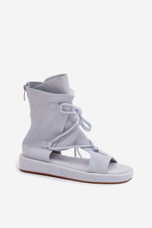 Moteriškos basutės iš eko zomšosoĮe su auliuku I INiązaniem šviesiai mėlynos spalvos Ferlisse