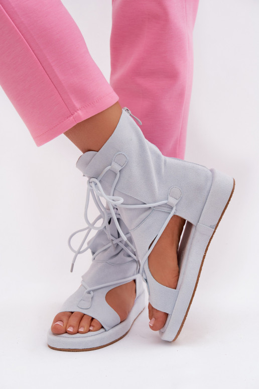 Moteriškos basutės iš eko zomšosoĮe su auliuku I INiązaniem šviesiai mėlynos spalvos Ferlisse