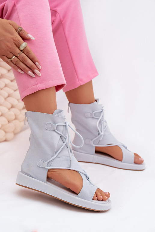 Moteriškos basutės iš eko zomšosoĮe su auliuku I INiązaniem šviesiai mėlynos spalvos Ferlisse