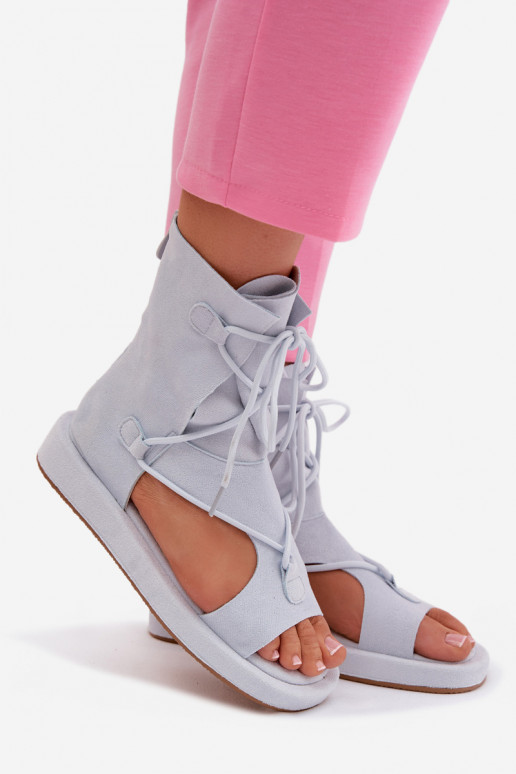 Moteriškos basutės iš eko zomšosoĮe su auliuku I INiązaniem šviesiai mėlynos spalvos Ferlisse