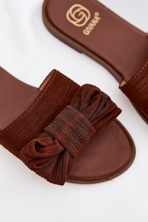 Moteriškos šlepetės su plačiais kulniukais ir kaspinais, rudos spalvos Amivelle