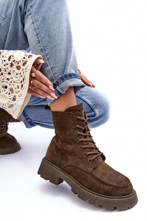 Zomšiniai batai batai pašiltinti su plačiais kulniukais chaki spalvos Zikey