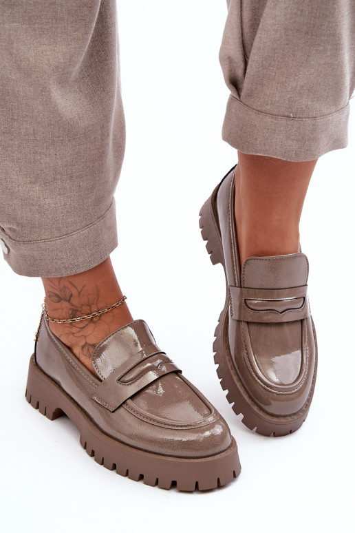 su lako efektu batai Mokasinai su plačiais kulniukais smėlio spalvos Jannah