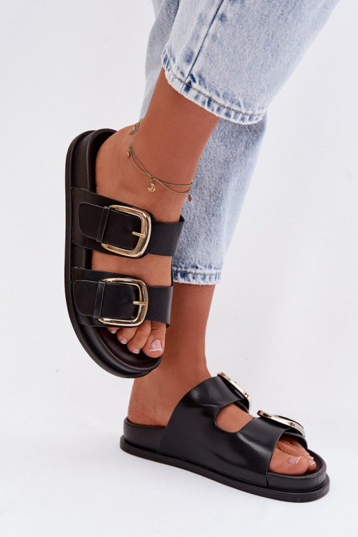 Moteriškos šlepetės Eko Oda Ze aukso spalvosmi su sagtimismi juodos spalvos Tervessa