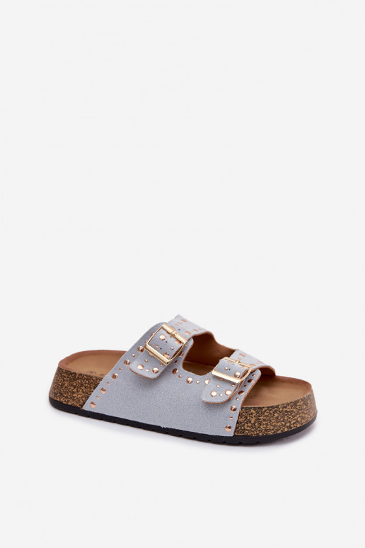 Moteriškos šlepetės Ze aukso spalvosmi su sagtimismi Ir smeigės šviesiai mėlynos spalvos Tervina